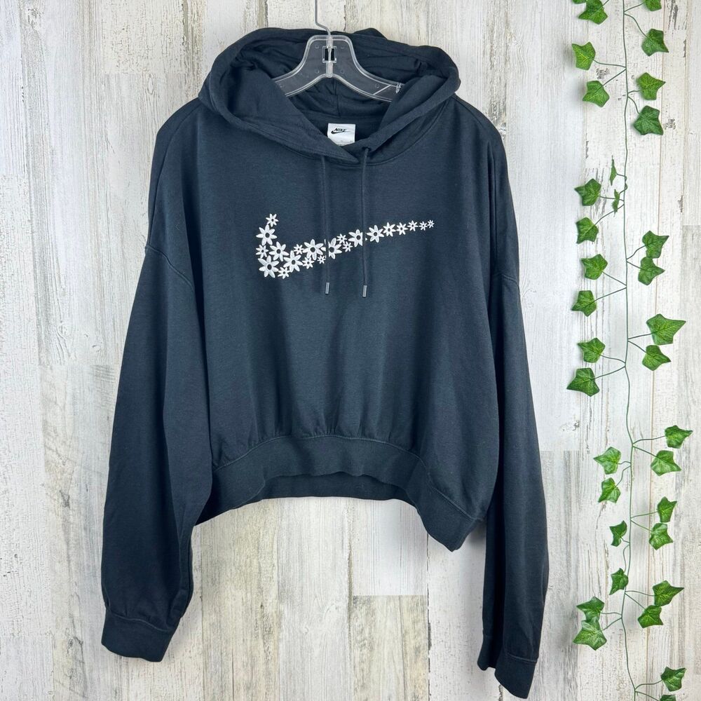 Nike Cropped Hooded Sweatshirt Floral Flower Swoosh Logo Womens XL - Picture 3 of 11